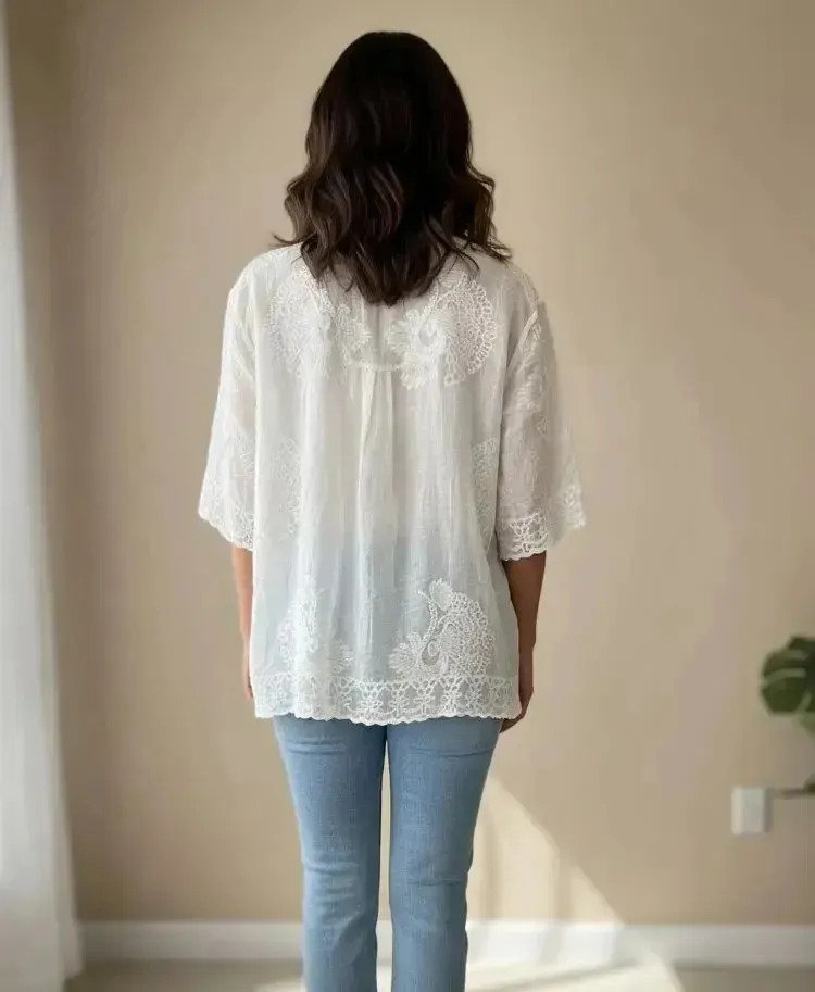 Camisa Blusa Bordada Estilo Broderie Manga 3/4 Mujer - Imagen 4