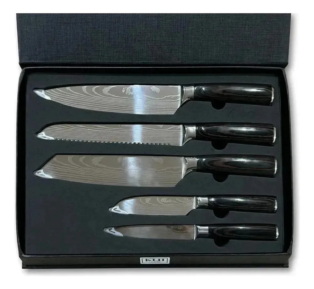 Set De 5 Cuchillos De Cocina Estilo Madera Acero Damasco - Imagen 2