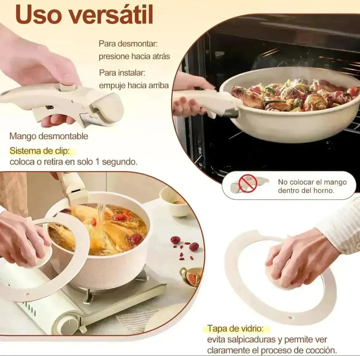 Set X5 Ollas Batería Cocina Antiadherente Mango Desmontable - Imagen 4