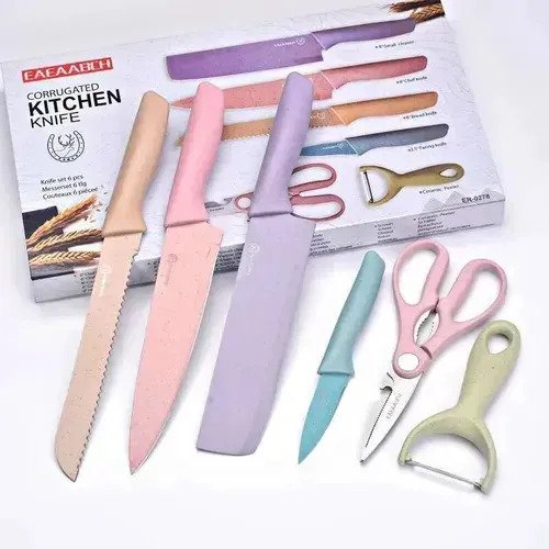 Juego X6 Cuchillos Cocina Color Pastel Pela Papas Tijera - Imagen 2