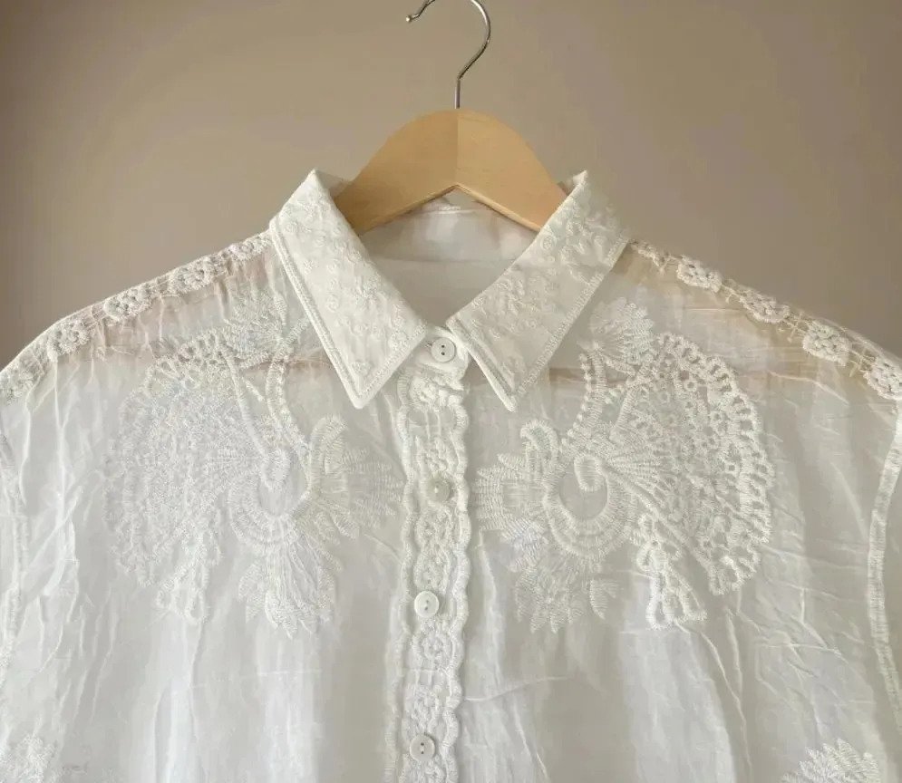 Camisa Blusa Bordada Estilo Broderie Manga 3/4 Mujer - Imagen 3