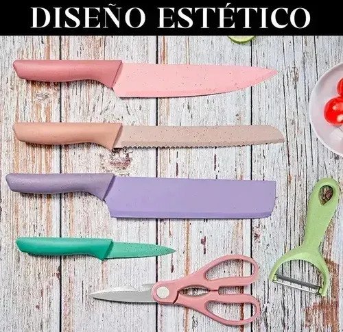Juego X6 Cuchillos Cocina Color Pastel Pela Papas Tijera - Imagen 7