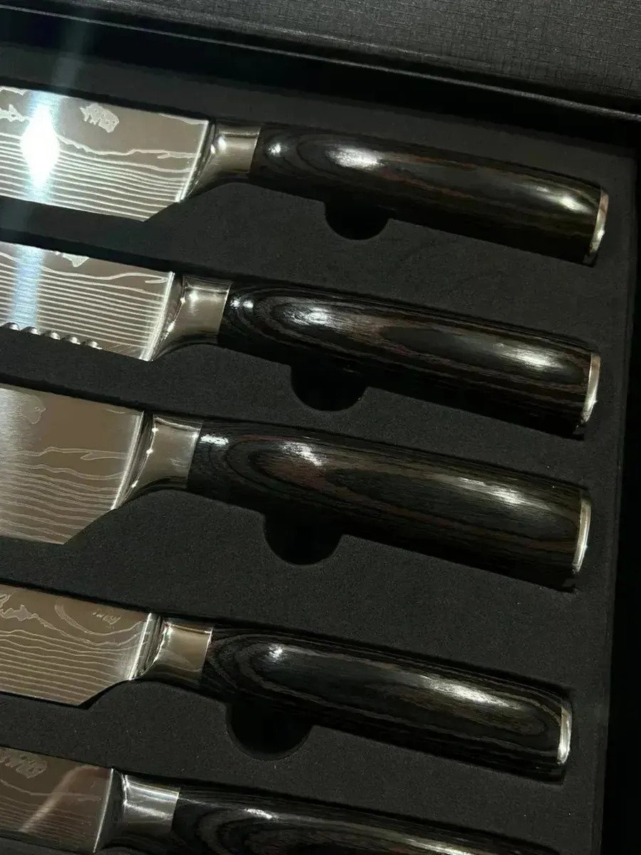 Set De 5 Cuchillos De Cocina Estilo Madera Acero Damasco - Imagen 3