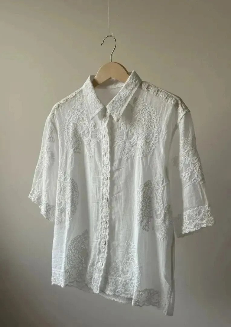 Camisa Blusa Bordada Estilo Broderie Manga 3/4 Mujer - Imagen 2