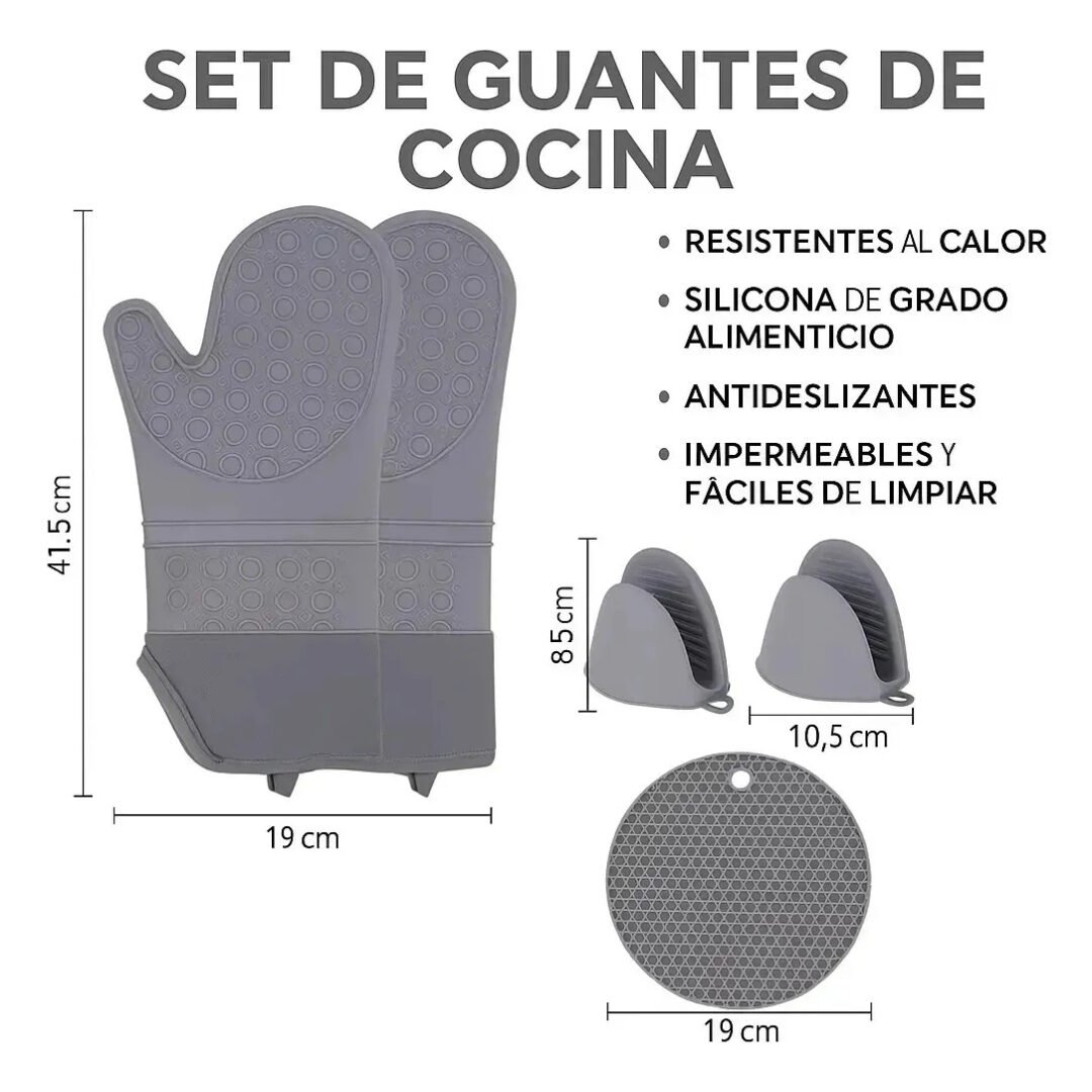 Set Guantes Cocina Silicona, Mini Pinzas Y Apoyadores Horno