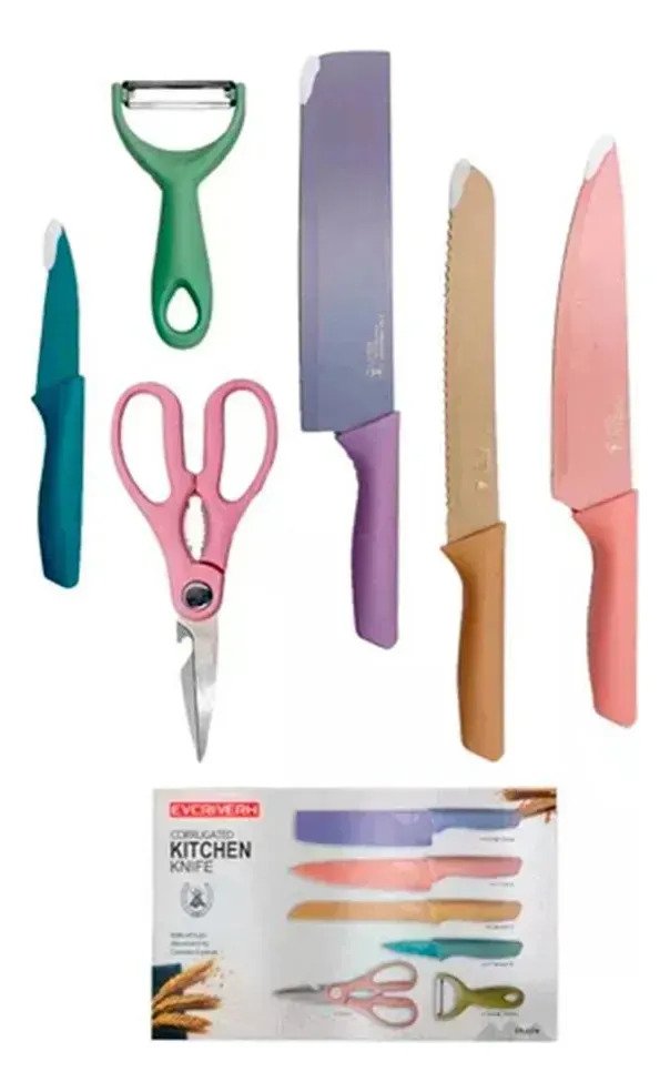 Juego X6 Cuchillos Cocina Color Pastel Pela Papas Tijera - Imagen 3