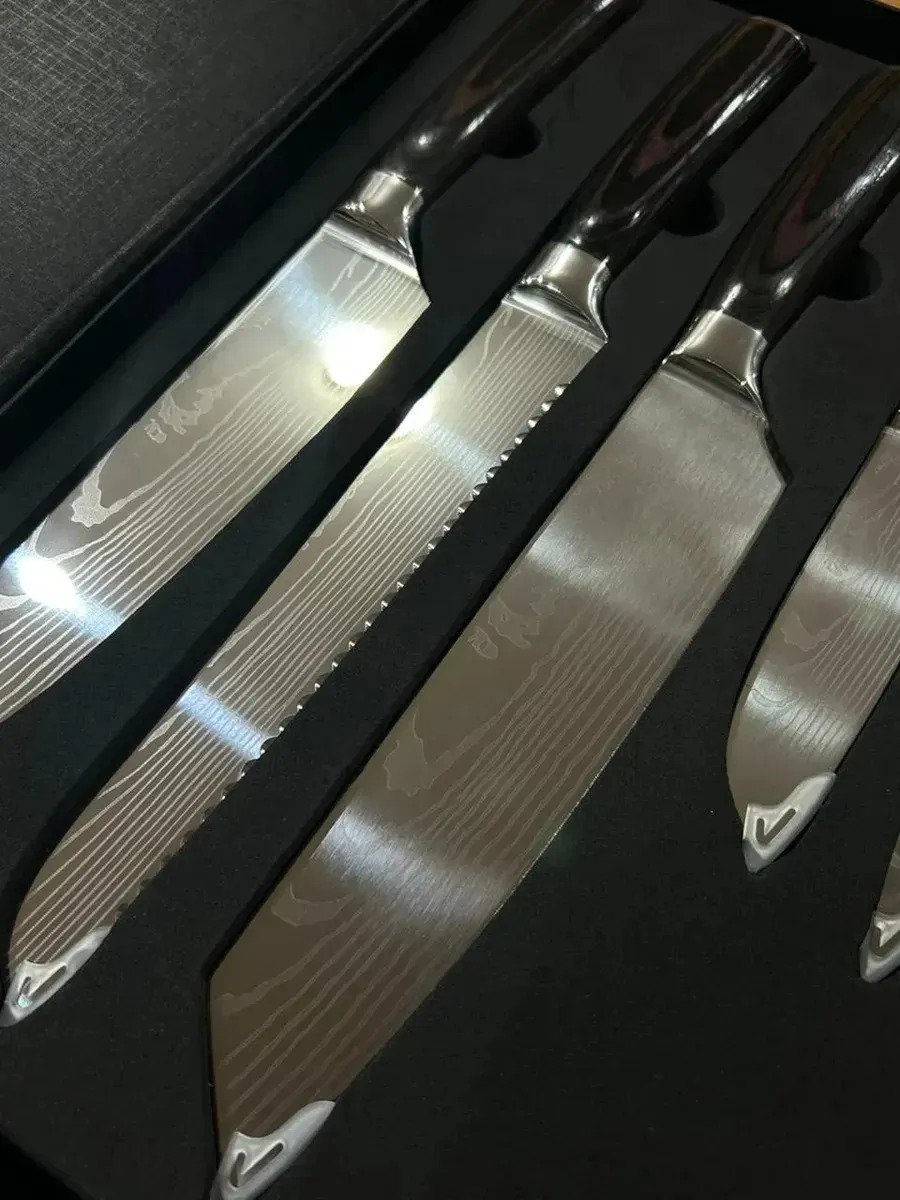 Set De 5 Cuchillos De Cocina Estilo Madera Acero Damasco - Imagen 4