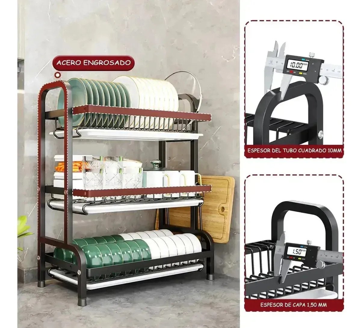 Secaplatos Escurreplatos 3 Pisos Acero Inox Negro - Imagen 3