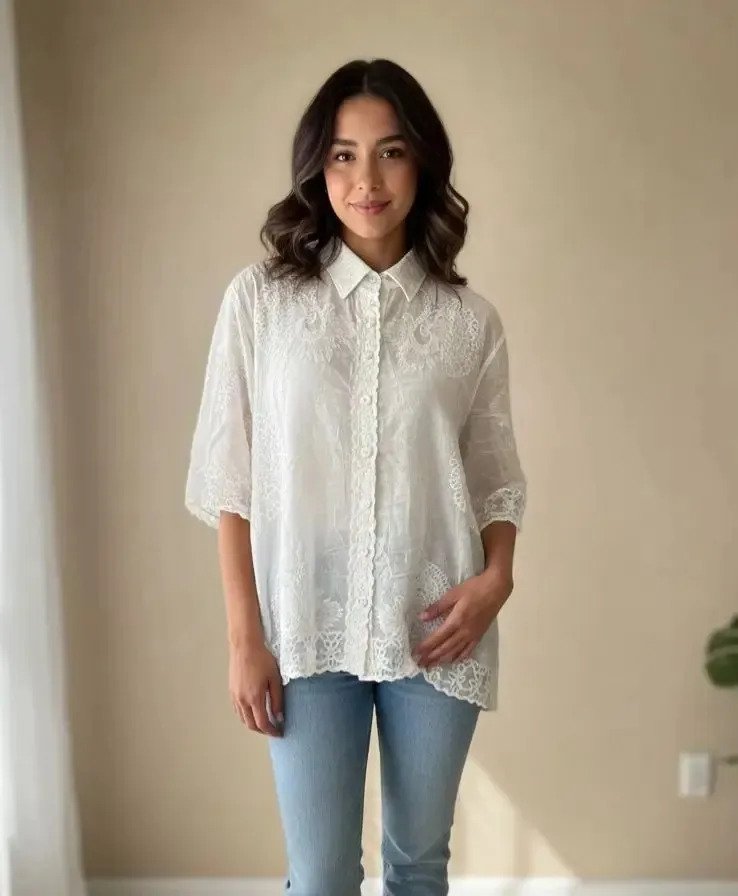 Camisa Blusa Bordada Estilo Broderie Manga 3/4 Mujer