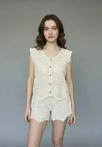 Set 2 Piezas T Short Pantalon + Chaleco Mujer Tejido Fem