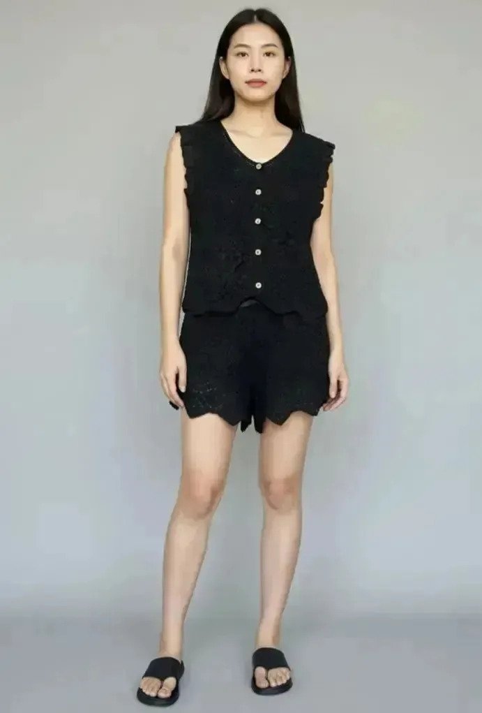 Set 2 Piezas T Short Pantalon + Chaleco Mujer Tejido Fem