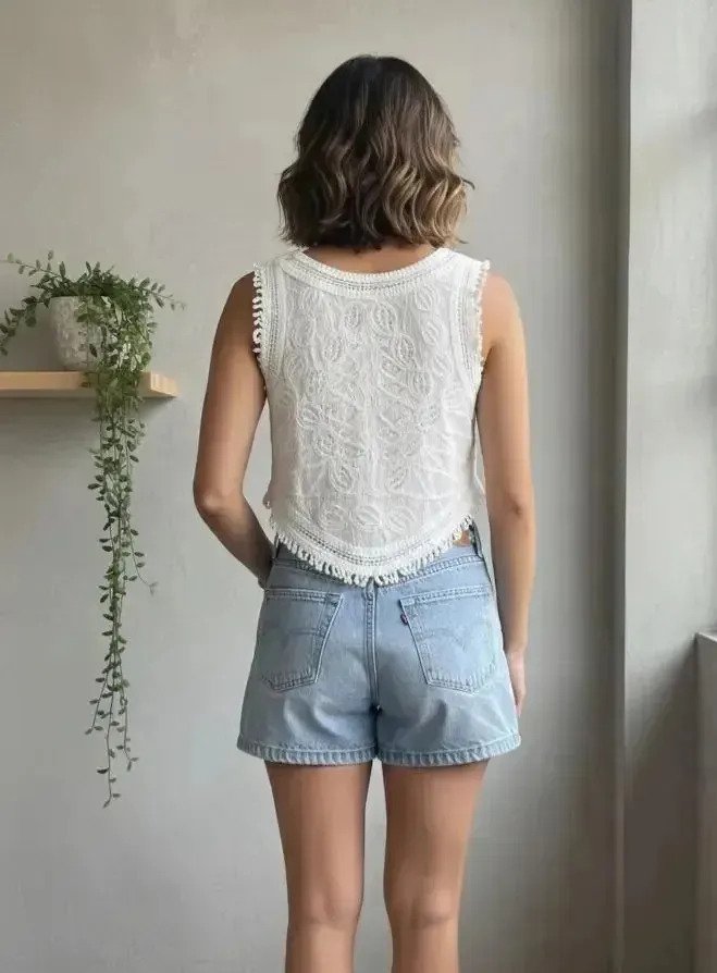 Top Musculosa Bordada Con Volado Y Lentejuela Mujer Fem - Imagen 4