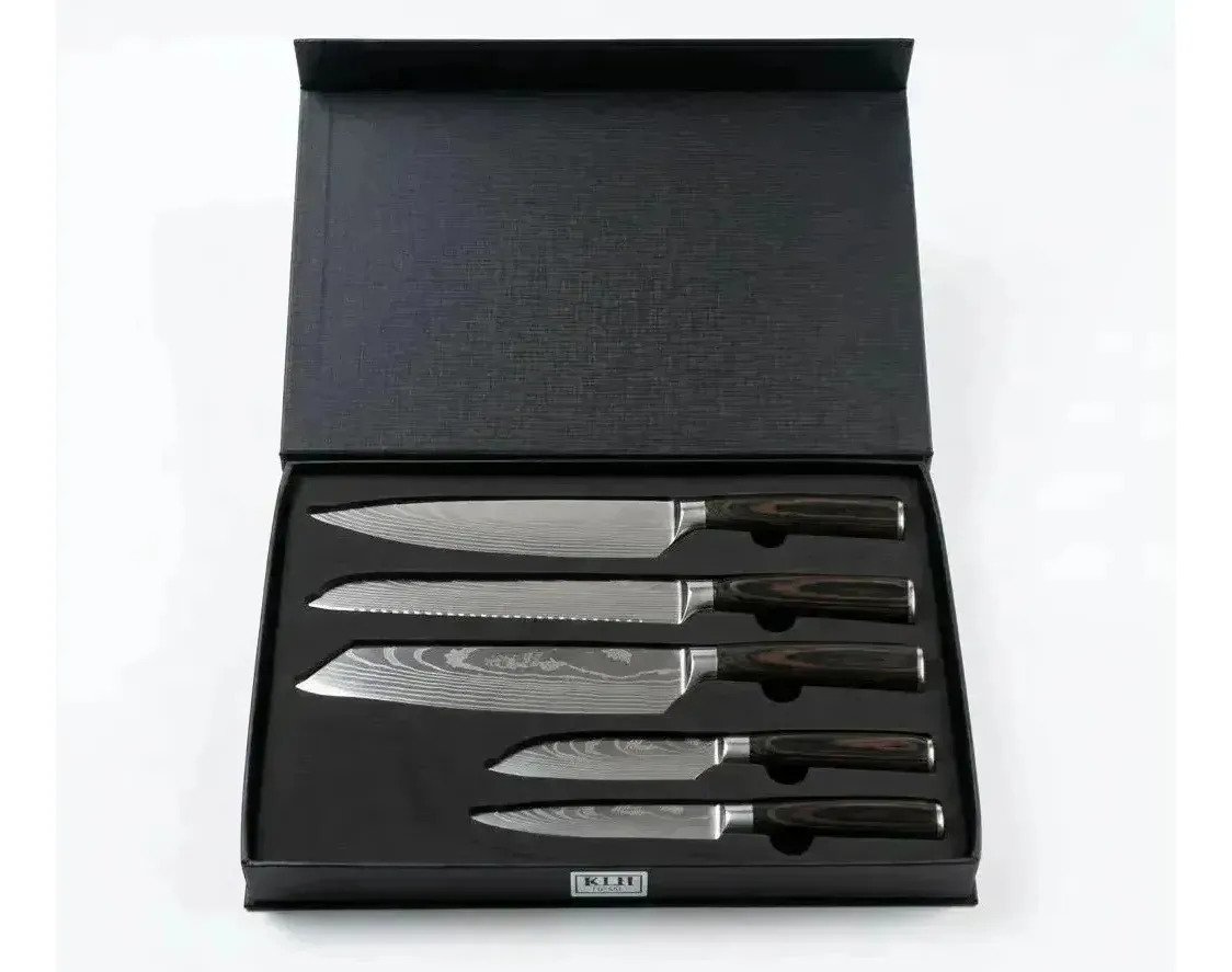 Set De 5 Cuchillos De Cocina Estilo Madera Acero Damasco - Imagen 5