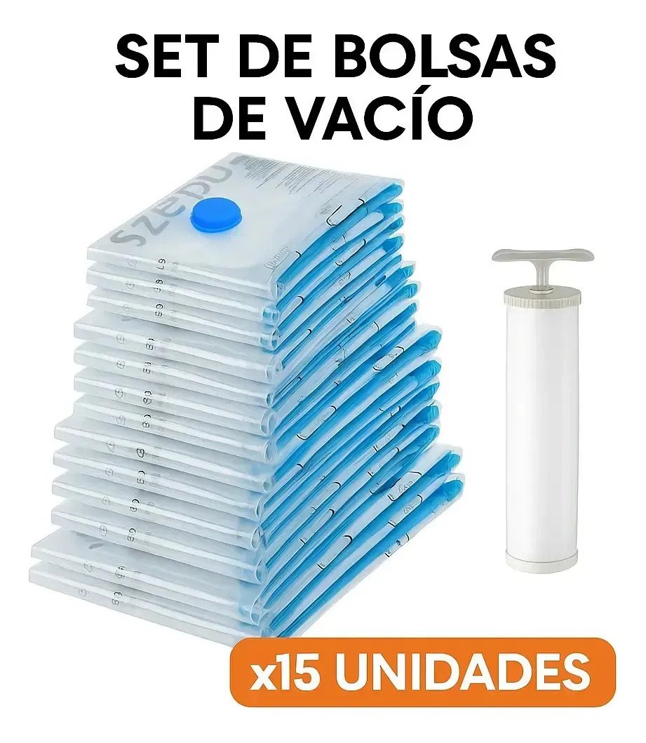 Set X15 Bolsas Al Vacio Para Guardar Ropa + Bomba Acolchado